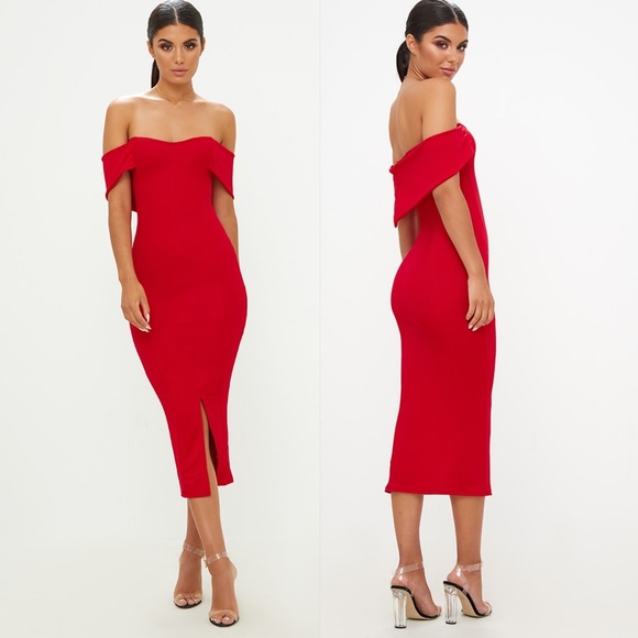 PrettyLittleThing Dresses & Skirts - NWT Pretty Little Thing Strapless Off Shoulder Red Bodycon Midi Dress XS